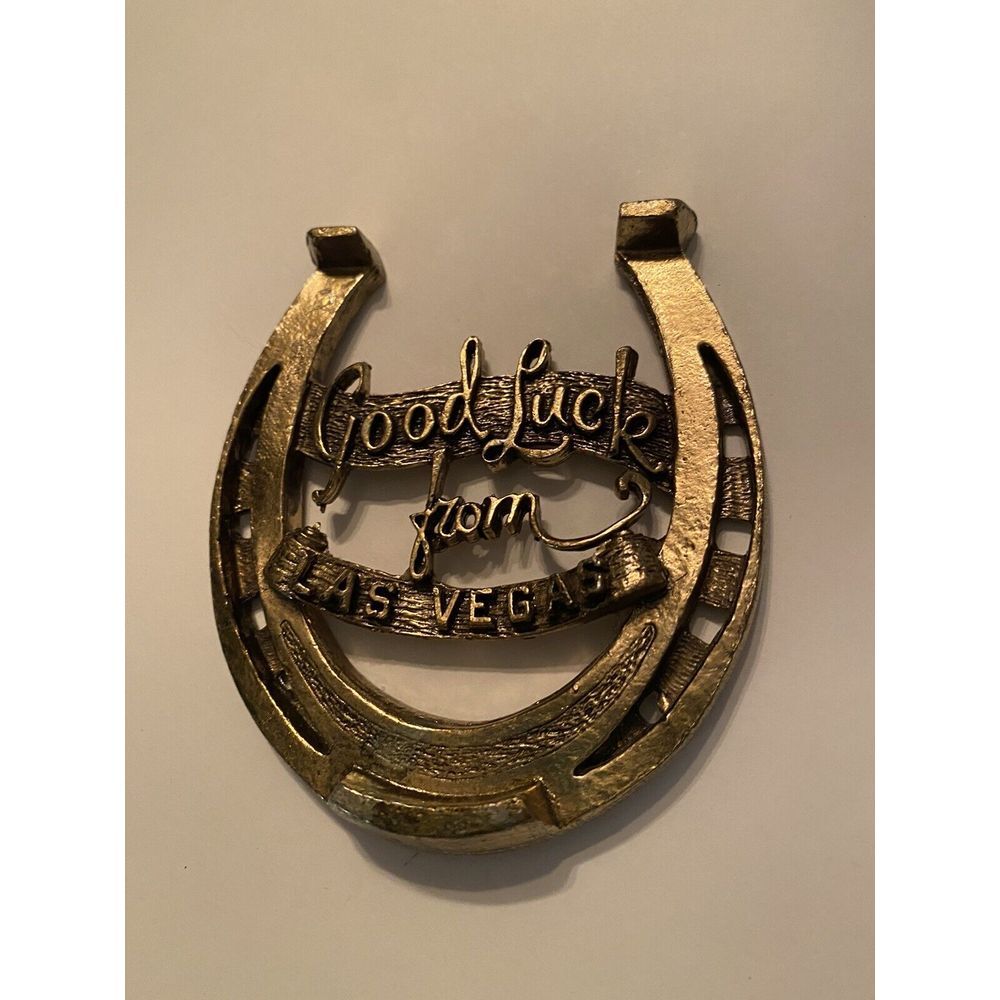 Vintage Good Luck From Las Vegas Brass Horseshoe Souvenir Paperweight Heavy Viva